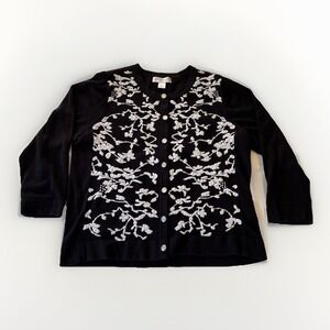Christopher & Banks Petites P/M Black Cardigan‎ White Embroidery Pearl Buttons